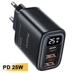 YESIDO YC120L 25W Hurtigoplader med USB-C til iP Kabel Digitalt Display 3-Ports Strømadapter, EU Stik
