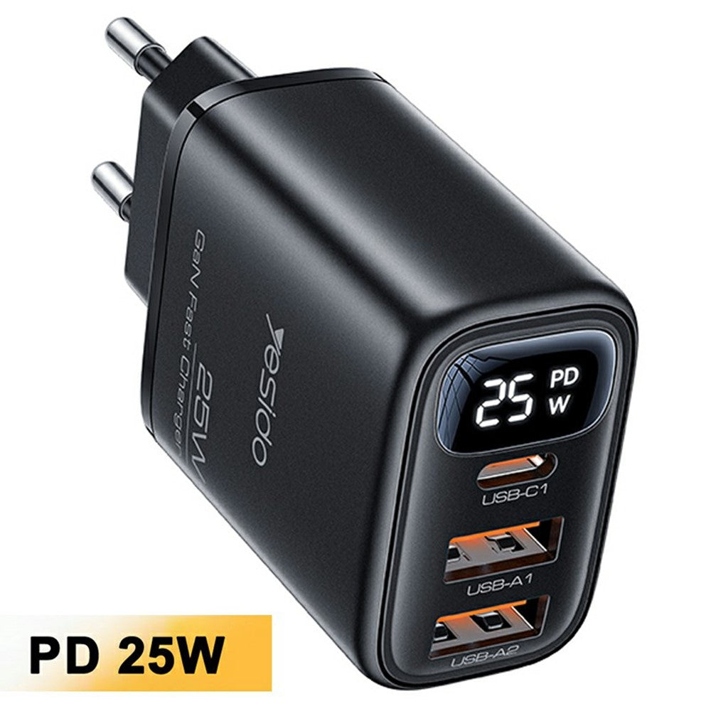 YESIDO YC120L 25W Hurtigoplader med USB-C til iP Kabel Digitalt Display 3-Ports Strømadapter, EU Stik
