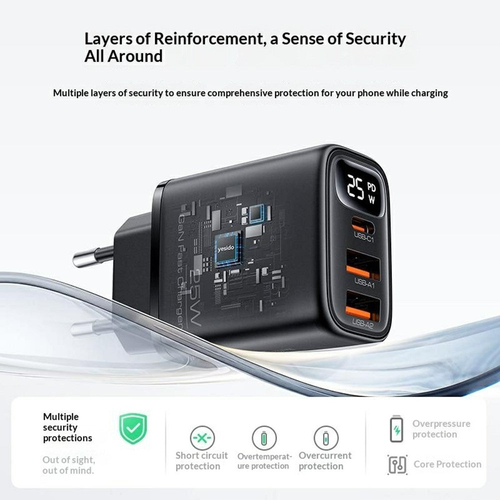 YESIDO YC120L 25W Hurtigoplader med USB-C til iP Kabel Digitalt Display 3-Ports Strømadapter, EU Stik