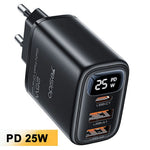 YESIDO YC120C 25W Hurtigoplader med USB-C til USB-C Kabel Digitalt Display 3-Port Strømadapter, EU Stik