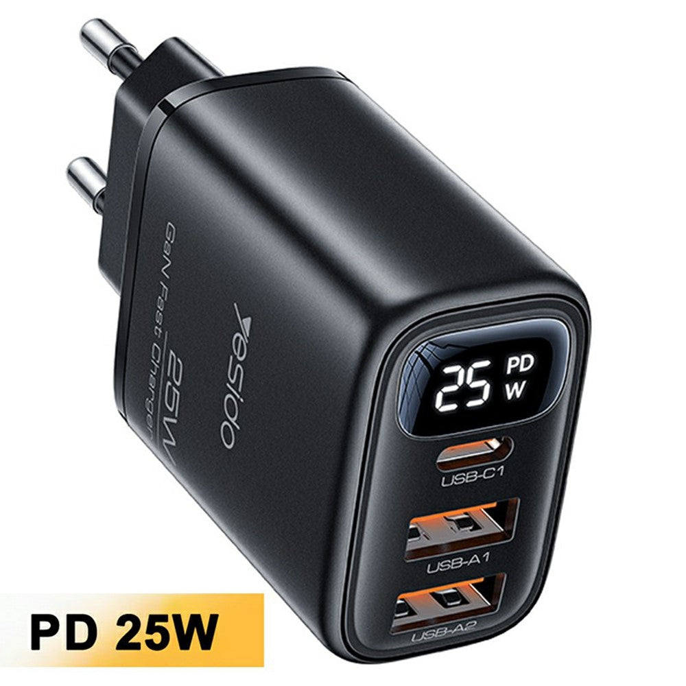 YESIDO YC120C 25W Hurtigoplader med USB-C til USB-C Kabel Digitalt Display 3-Port Strømadapter, EU Stik
