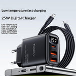 YESIDO YC120C 25W Hurtigoplader med USB-C til USB-C Kabel Digitalt Display 3-Port Strømadapter, EU Stik