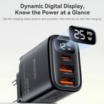 YESIDO YC120C 25W Hurtigoplader med USB-C til USB-C Kabel Digitalt Display 3-Port Strømadapter, EU Stik