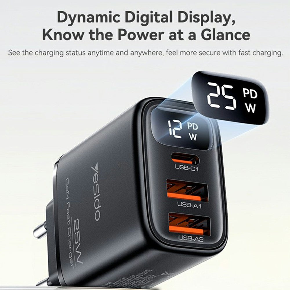 YESIDO YC120C 25W Hurtigoplader med USB-C til USB-C Kabel Digitalt Display 3-Port Strømadapter, EU Stik