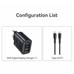 YESIDO YC120C 25W Hurtigoplader med USB-C til USB-C Kabel Digitalt Display 3-Port Strømadapter, EU Stik