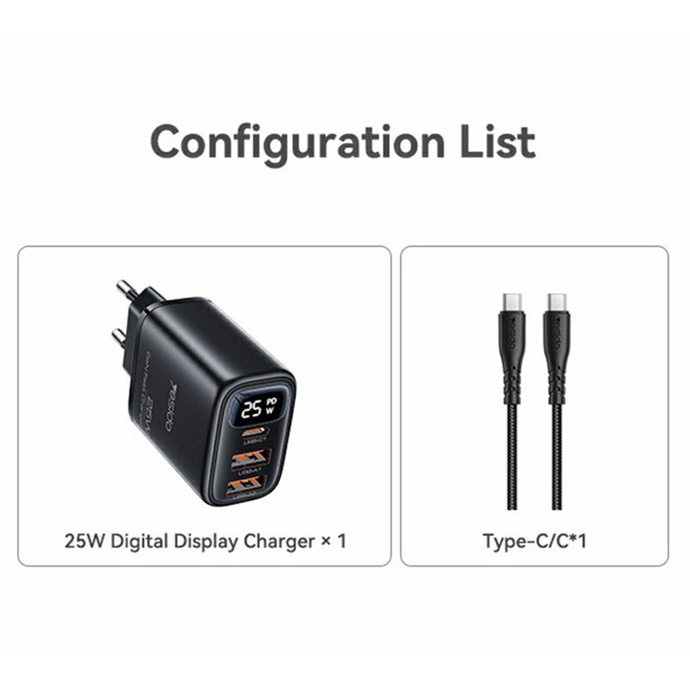 YESIDO YC120C 25W Hurtigoplader med USB-C til USB-C Kabel Digitalt Display 3-Port Strømadapter, EU Stik