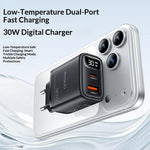 YESIDO YC121 30W Fast Charger USB-A + USB-C Dual Port GaN Power Adapter with Digital Display, EU Plug