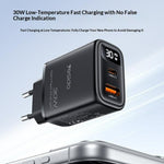 YESIDO YC121 30W Fast Charger USB-A + USB-C Dual Port GaN Power Adapter with Digital Display, EU Plug