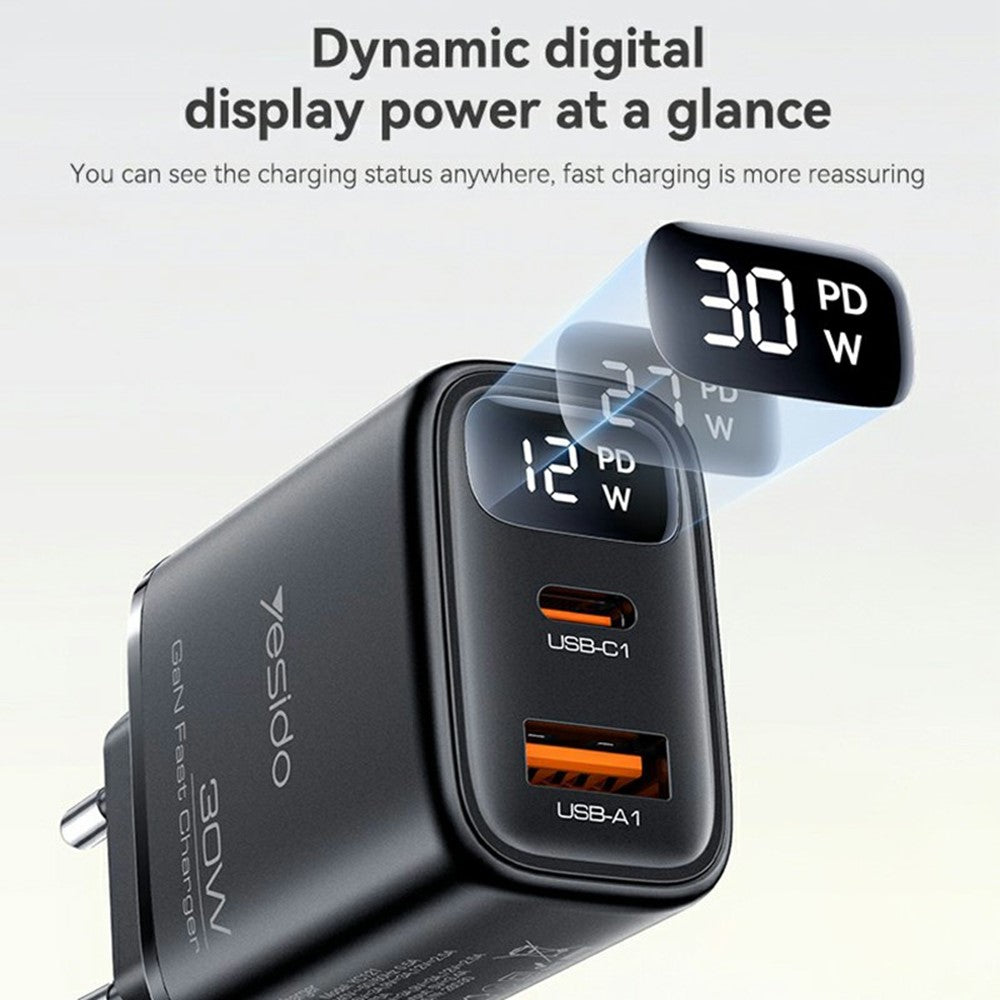 YESIDO YC121 30W Fast Charger USB-A + USB-C Dual Port GaN Power Adapter with Digital Display, EU Plug
