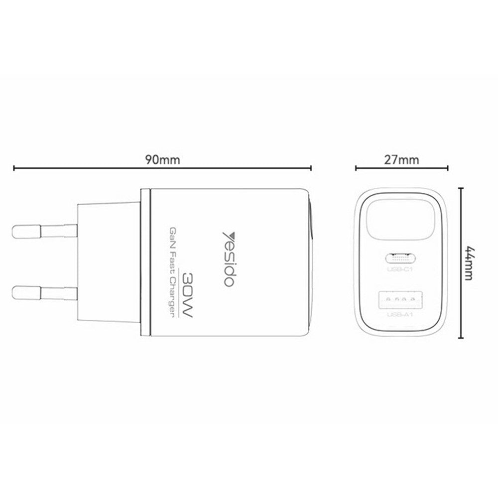 YESIDO YC121 30W Fast Charger USB-A + USB-C Dual Port GaN Power Adapter with Digital Display, EU Plug