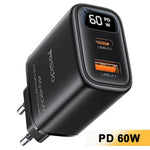 YESIDO YC122 PD 60W Fast Charger USB-A + USB-C Dual Port Digital Display Power Adapter, EU Plug