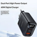 YESIDO YC122 PD 60W Fast Charger USB-A + USB-C Dual Port Digital Display Power Adapter, EU Plug
