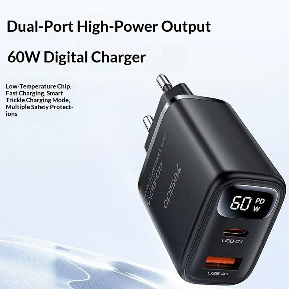 YESIDO YC122 PD 60W Fast Charger USB-A + USB-C Dual Port Digital Display Power Adapter, EU Plug