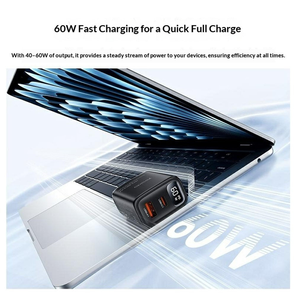 YESIDO YC122 PD 60W Fast Charger USB-A + USB-C Dual Port Digital Display Power Adapter, EU Plug