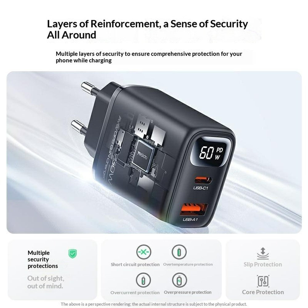 YESIDO YC122 PD 60W Fast Charger USB-A + USB-C Dual Port Digital Display Power Adapter, EU Plug