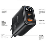 YESIDO YC122 PD 60W Fast Charger USB-A + USB-C Dual Port Digital Display Power Adapter, EU Plug