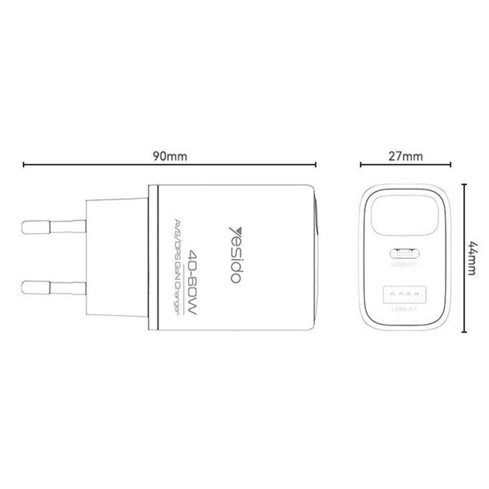 YESIDO YC122 PD 60W Fast Charger USB-A + USB-C Dual Port Digital Display Power Adapter, EU Plug