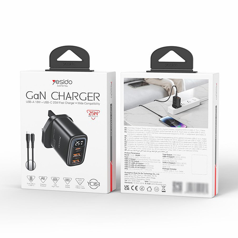 YESIDO YC163L 25W Hurtigoplader med USB-C til iP-kabel Digitalt display 3-ports strømadapter, UK-stik