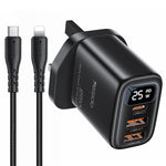 YESIDO YC163L 25W Hurtigoplader med USB-C til iP-kabel Digitalt display 3-ports strømadapter, UK-stik