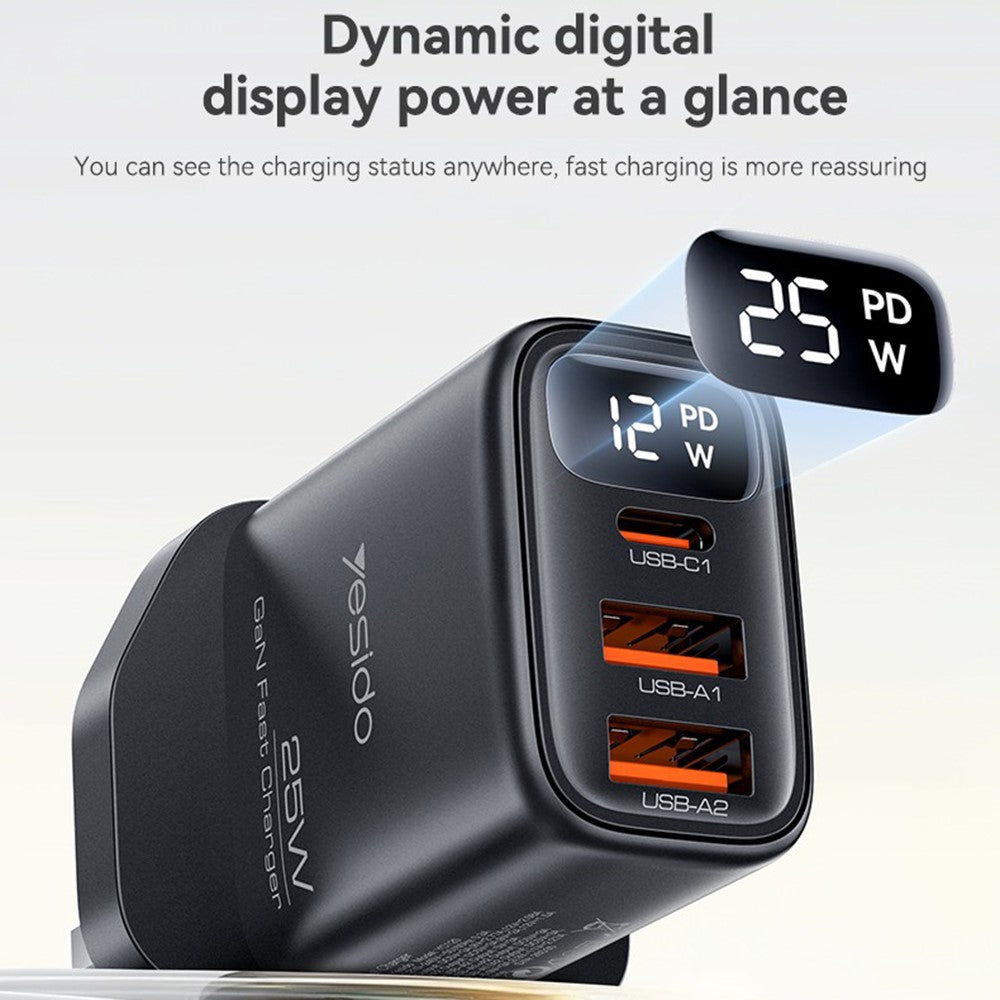 YESIDO YC163L 25W Hurtigoplader med USB-C til iP-kabel Digitalt display 3-ports strømadapter, UK-stik