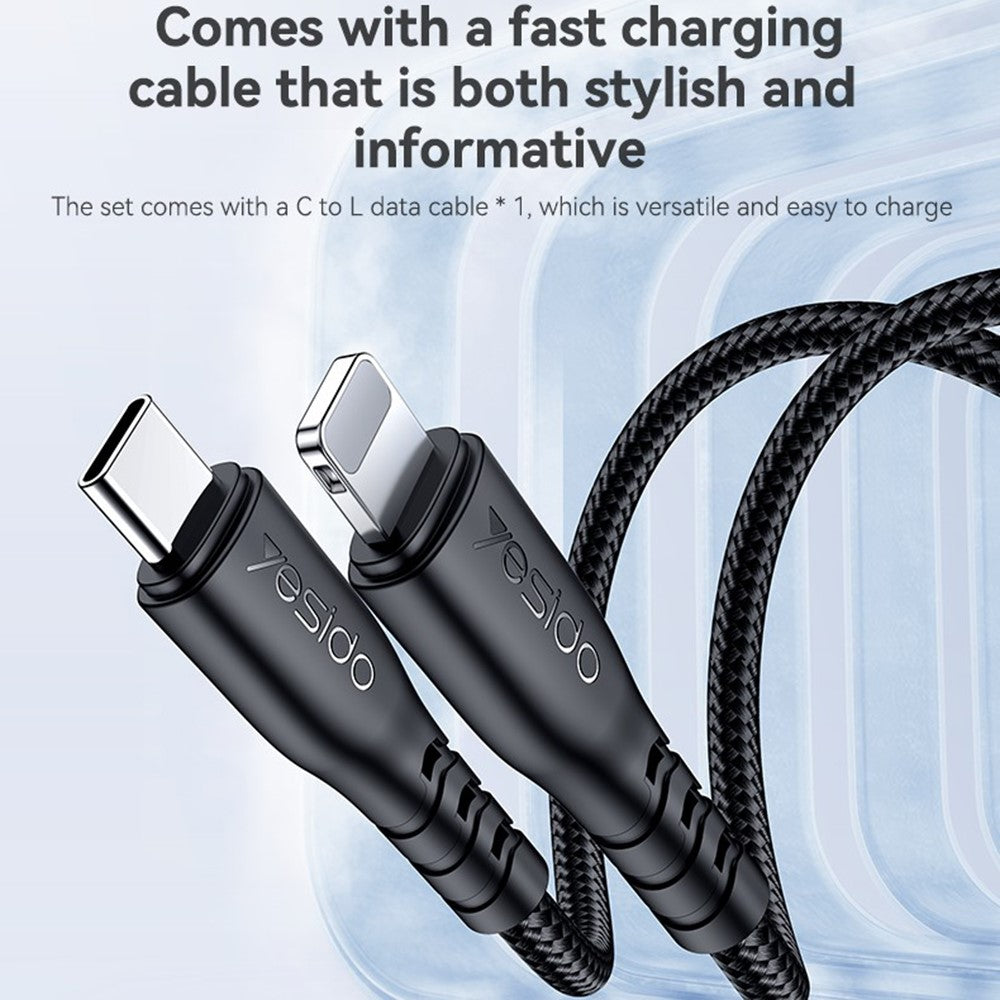 YESIDO YC163L 25W Hurtigoplader med USB-C til iP-kabel Digitalt display 3-ports strømadapter, UK-stik