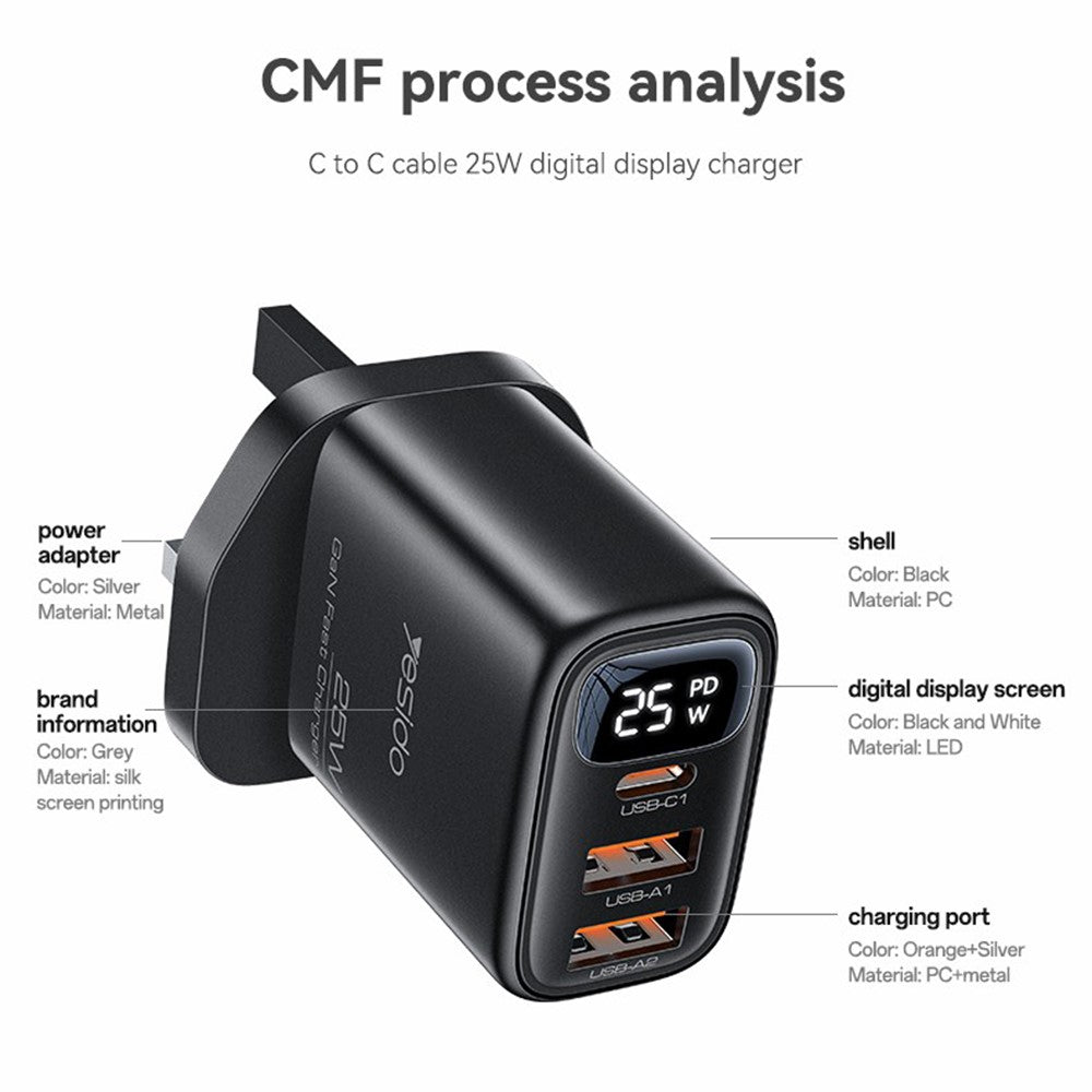 YESIDO YC163L 25W Hurtigoplader med USB-C til iP-kabel Digitalt display 3-ports strømadapter, UK-stik