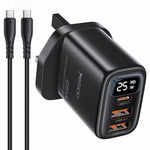 YESIDO YC163C 25W Fast Charger with USB-C to USB-C Cable Digital Display 3-Port Power Adapter, UK Plug