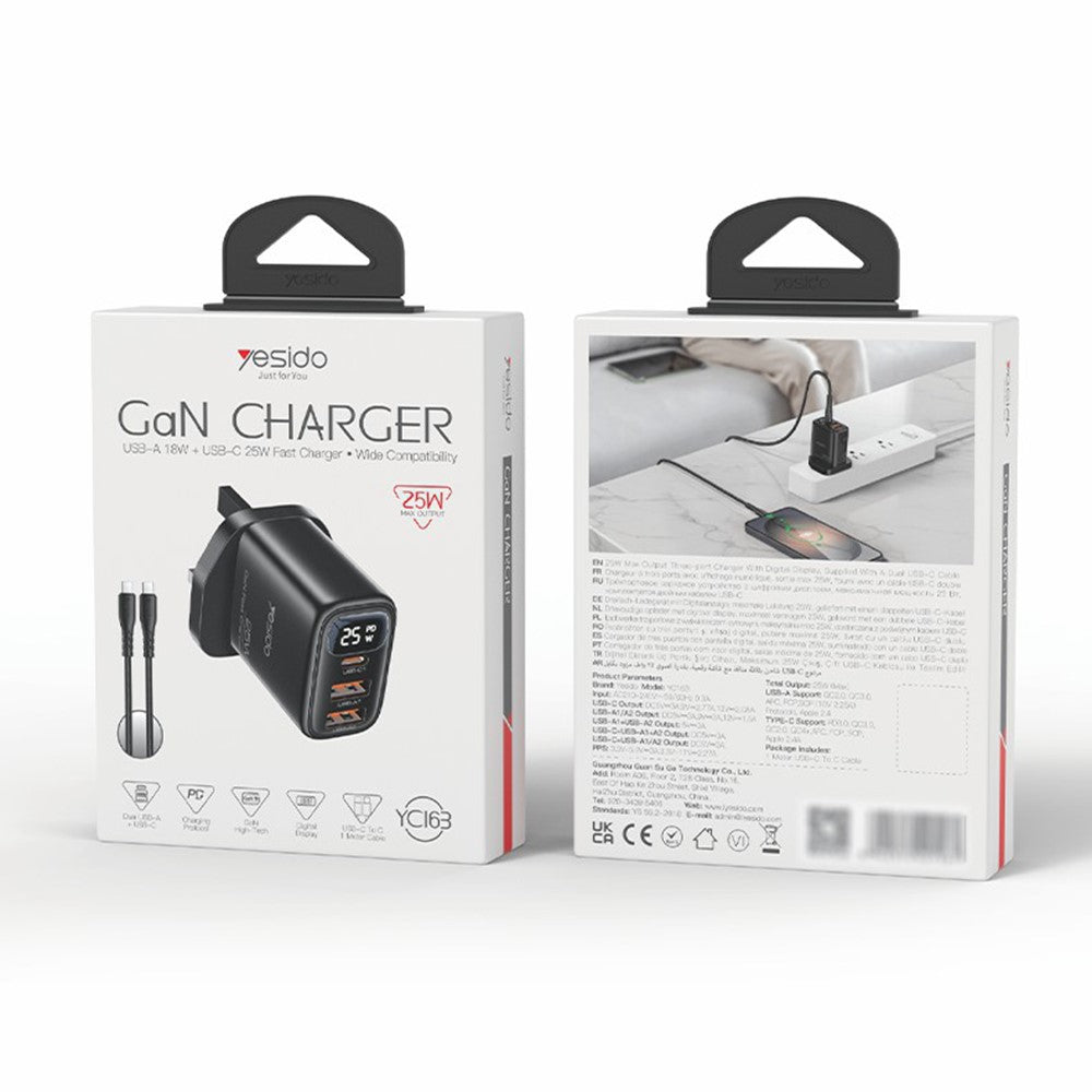 YESIDO YC163C 25W Fast Charger with USB-C to USB-C Cable Digital Display 3-Port Power Adapter, UK Plug