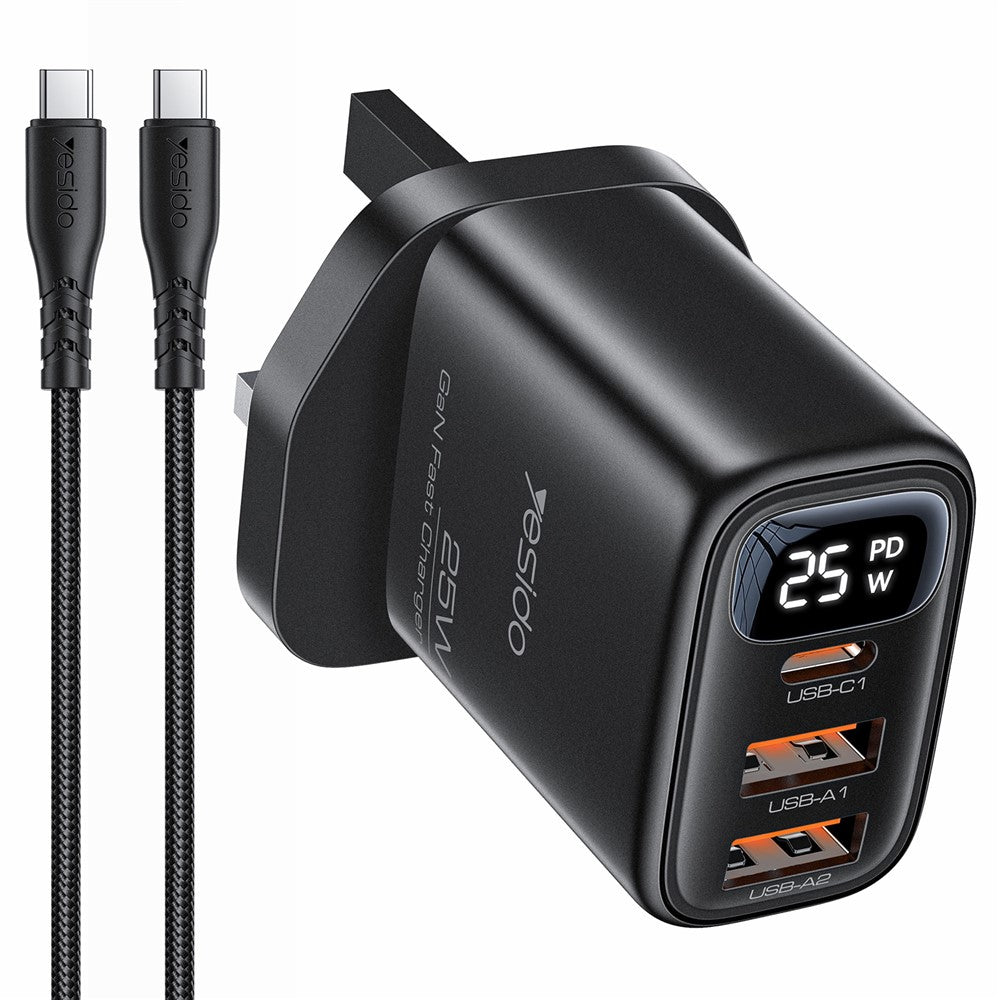 YESIDO YC163C 25W Fast Charger with USB-C to USB-C Cable Digital Display 3-Port Power Adapter, UK Plug