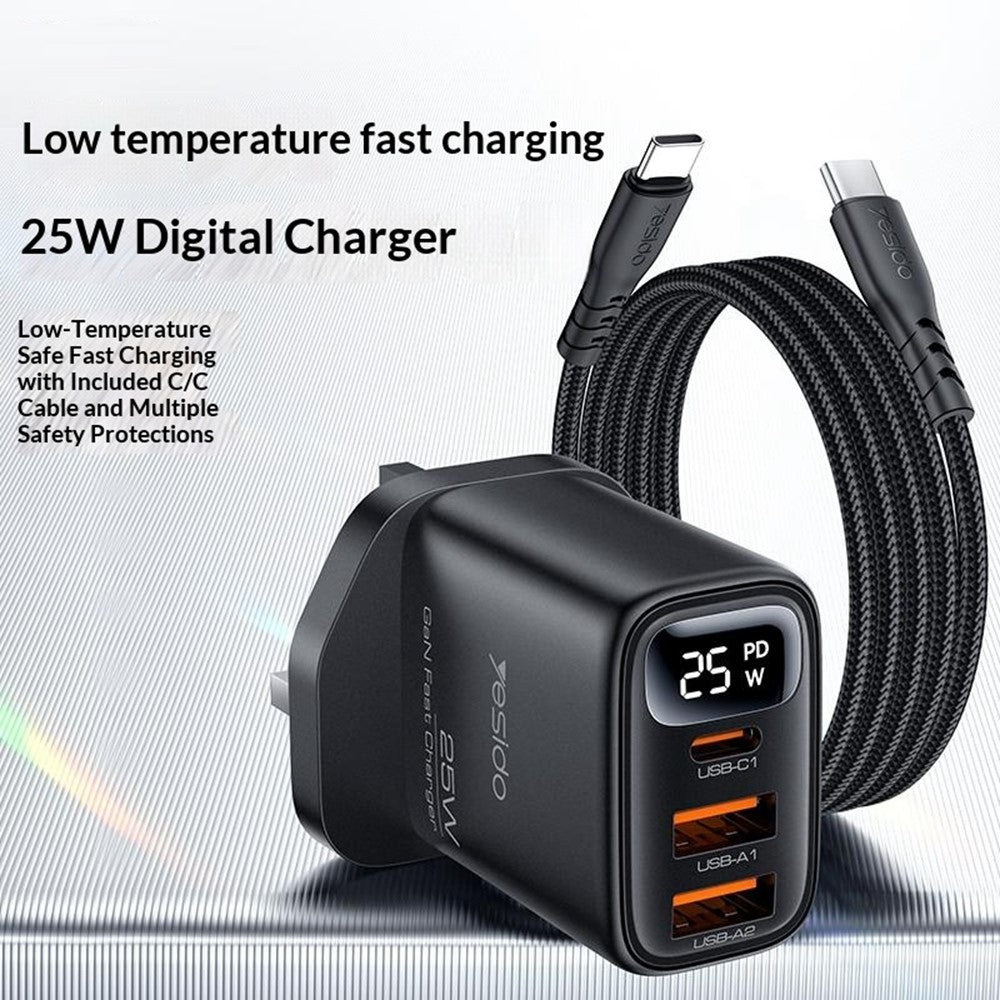 YESIDO YC163C 25W Fast Charger with USB-C to USB-C Cable Digital Display 3-Port Power Adapter, UK Plug