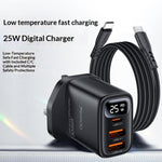 YESIDO YC163C 25W Fast Charger with USB-C to USB-C Cable Digital Display 3-Port Power Adapter, UK Plug