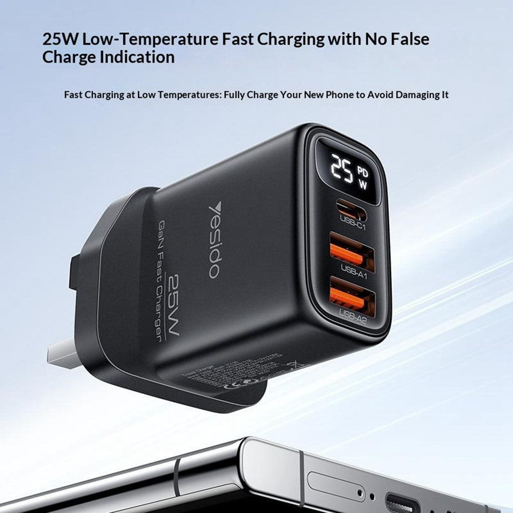 YESIDO YC163C 25W Fast Charger with USB-C to USB-C Cable Digital Display 3-Port Power Adapter, UK Plug