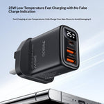 YESIDO YC163C 25W Fast Charger with USB-C to USB-C Cable Digital Display 3-Port Power Adapter, UK Plug
