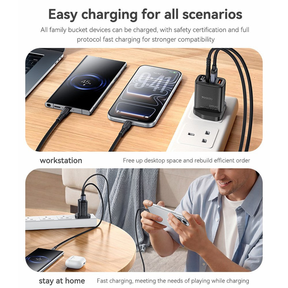 YESIDO YC163C 25W Fast Charger with USB-C to USB-C Cable Digital Display 3-Port Power Adapter, UK Plug