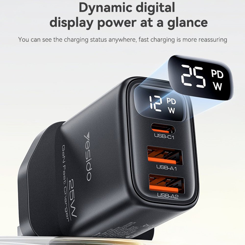 YESIDO YC163C 25W Fast Charger with USB-C to USB-C Cable Digital Display 3-Port Power Adapter, UK Plug