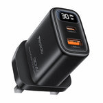 YESIDO YC164 30W Fast Charger USB-A + USB-C Dual Port GaN Power Adapter with Digital Display, UK Plug