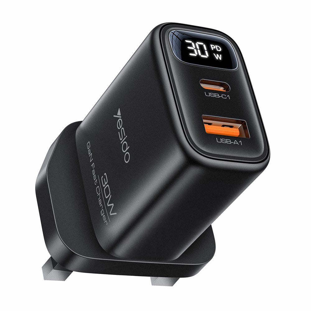 YESIDO YC164 30W Fast Charger USB-A + USB-C Dual Port GaN Power Adapter with Digital Display, UK Plug