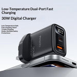 YESIDO YC164 30W Fast Charger USB-A + USB-C Dual Port GaN Power Adapter with Digital Display, UK Plug
