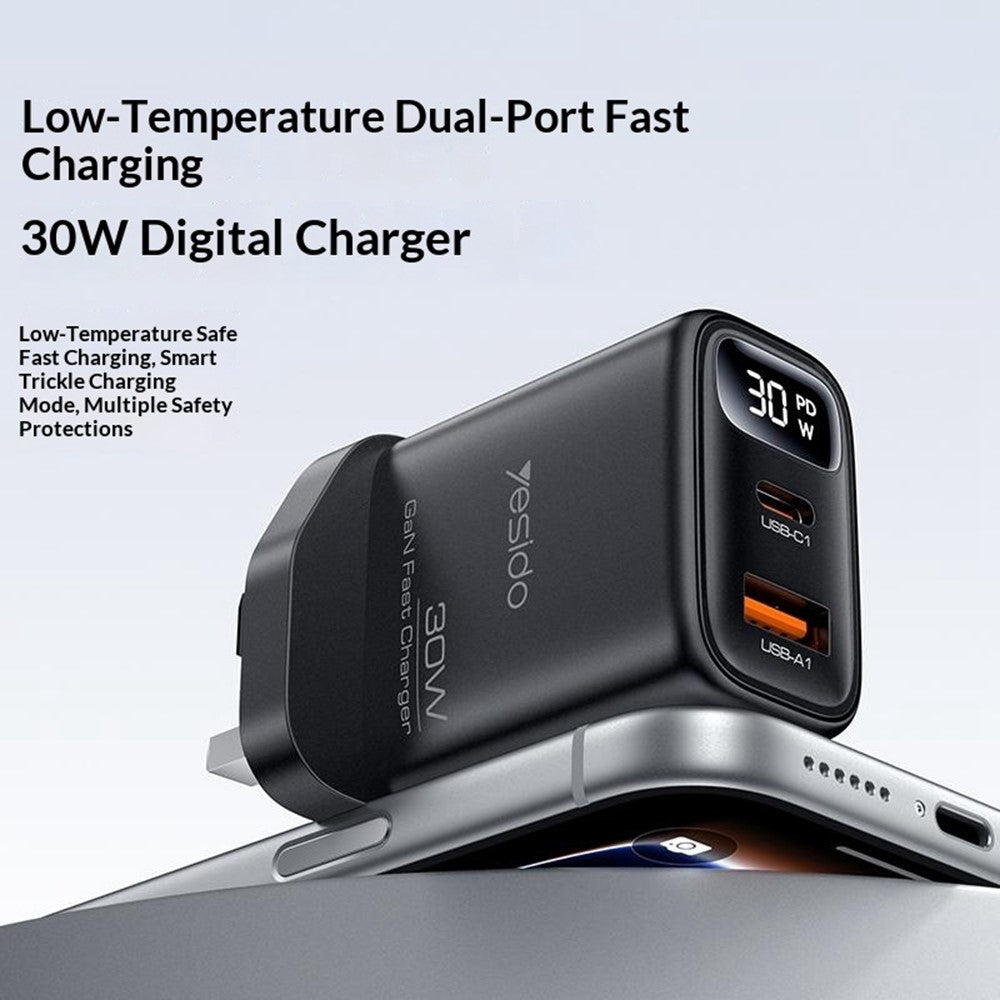 YESIDO YC164 30W Fast Charger USB-A + USB-C Dual Port GaN Power Adapter with Digital Display, UK Plug