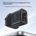 YESIDO YC164 30W Fast Charger USB-A + USB-C Dual Port GaN Power Adapter with Digital Display, UK Plug