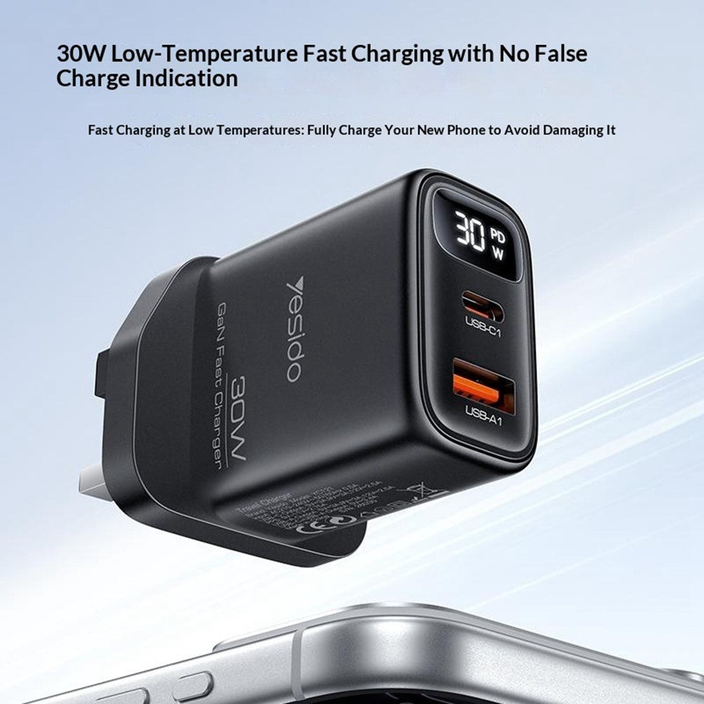 YESIDO YC164 30W Fast Charger USB-A + USB-C Dual Port GaN Power Adapter with Digital Display, UK Plug