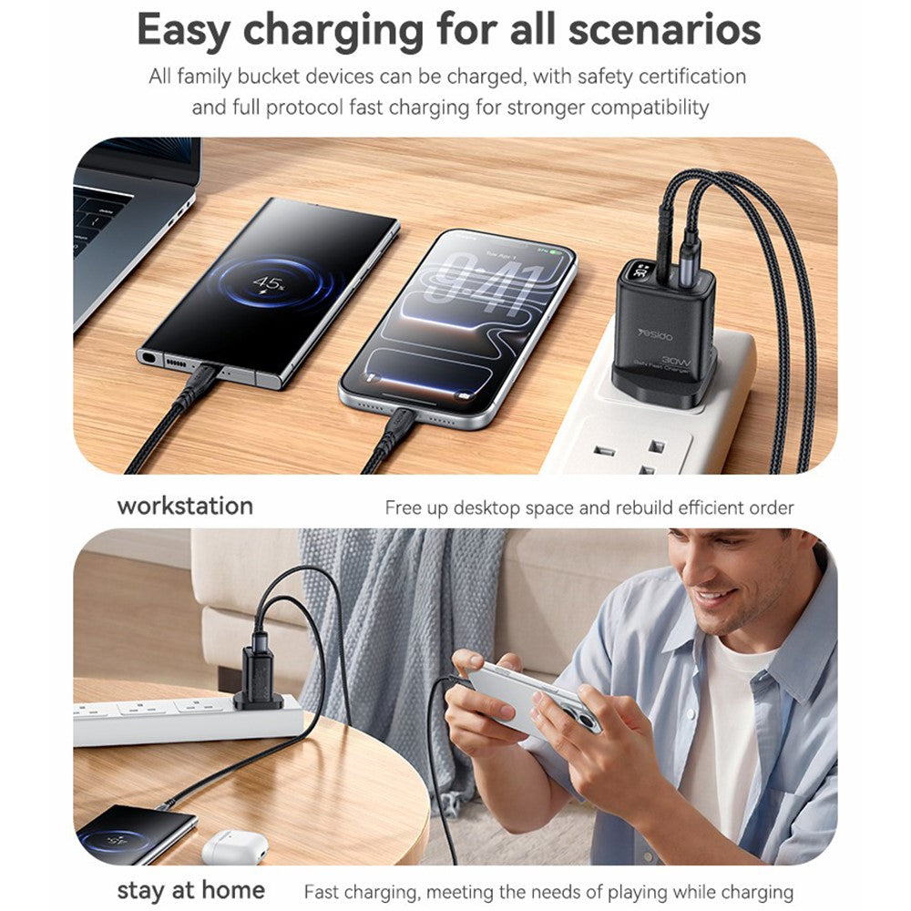 YESIDO YC164 30W Fast Charger USB-A + USB-C Dual Port GaN Power Adapter with Digital Display, UK Plug