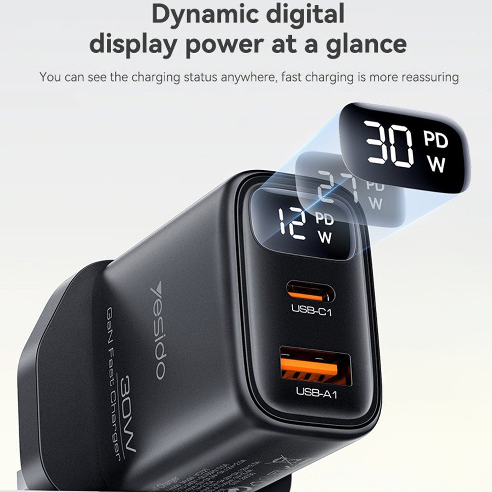 YESIDO YC164 30W Fast Charger USB-A + USB-C Dual Port GaN Power Adapter with Digital Display, UK Plug