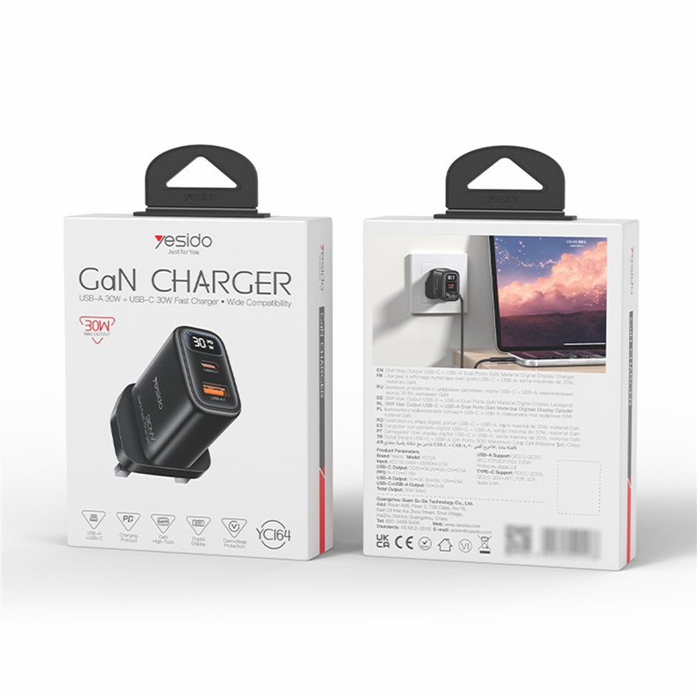 YESIDO YC164 30W Fast Charger USB-A + USB-C Dual Port GaN Power Adapter with Digital Display, UK Plug