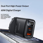 YESIDO YC165 PD 60W Fast Charger USB-A + USB-C Dual Port Digital Display Power Adapter, UK Plug