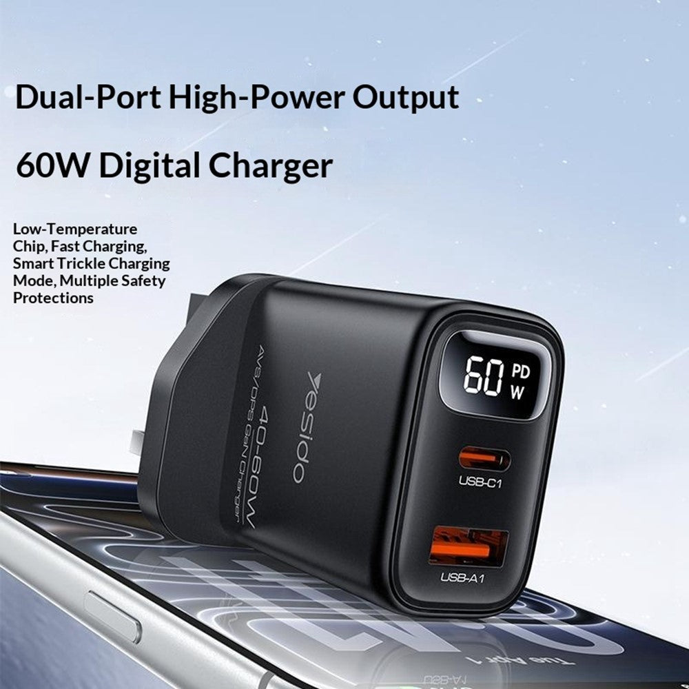 YESIDO YC165 PD 60W Fast Charger USB-A + USB-C Dual Port Digital Display Power Adapter, UK Plug