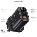 YESIDO YC165 PD 60W Fast Charger USB-A + USB-C Dual Port Digital Display Power Adapter, UK Plug