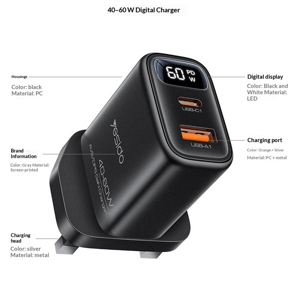 YESIDO YC165 PD 60W Fast Charger USB-A + USB-C Dual Port Digital Display Power Adapter, UK Plug