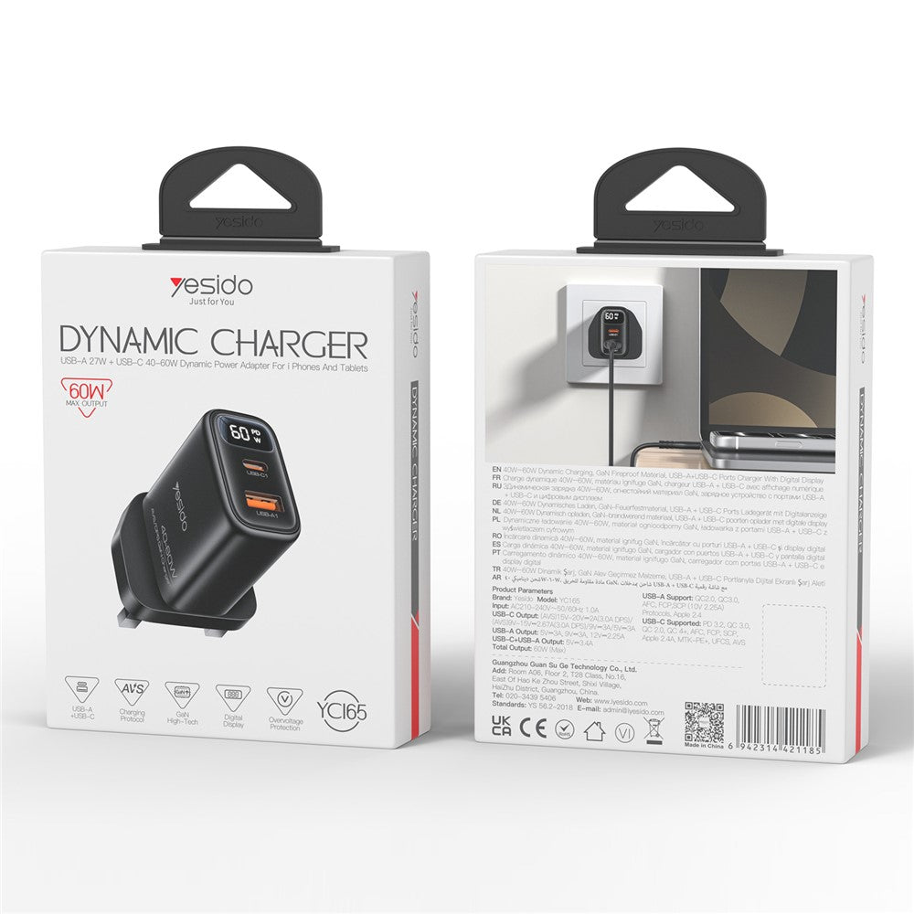 YESIDO YC165 PD 60W Fast Charger USB-A + USB-C Dual Port Digital Display Power Adapter, UK Plug
