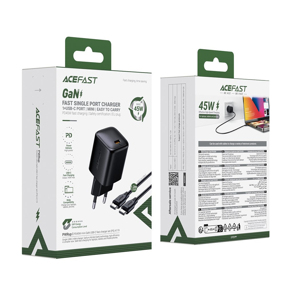ACEFAST A119 PD 45W Mini GaN USB-C hurtigoplader sæt med 1,2 m USB-C-kabel, EU-stik
